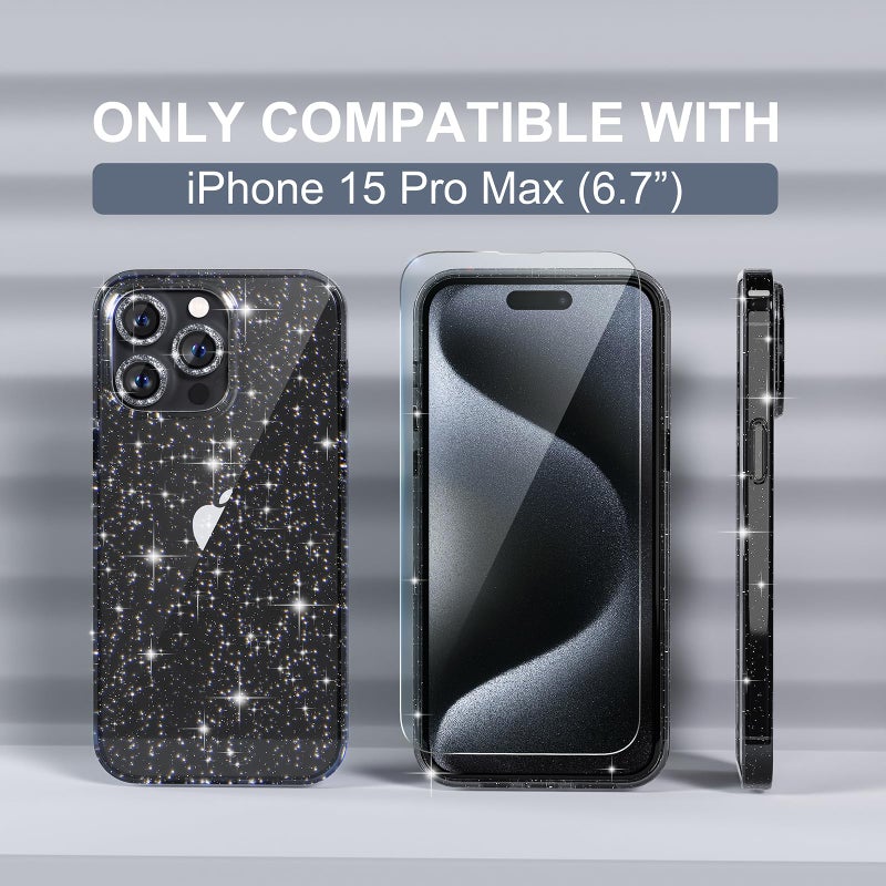 Choiche Compatible for iPhone 15 Pro Max Case Women Phone Case, Cute Bling Sparkly, Military Grade Protection, 3 Diamond Camera Lens Covers, 2 Tempered Glass Protectors, 6.7 inch (Glitter Black) - Image 2