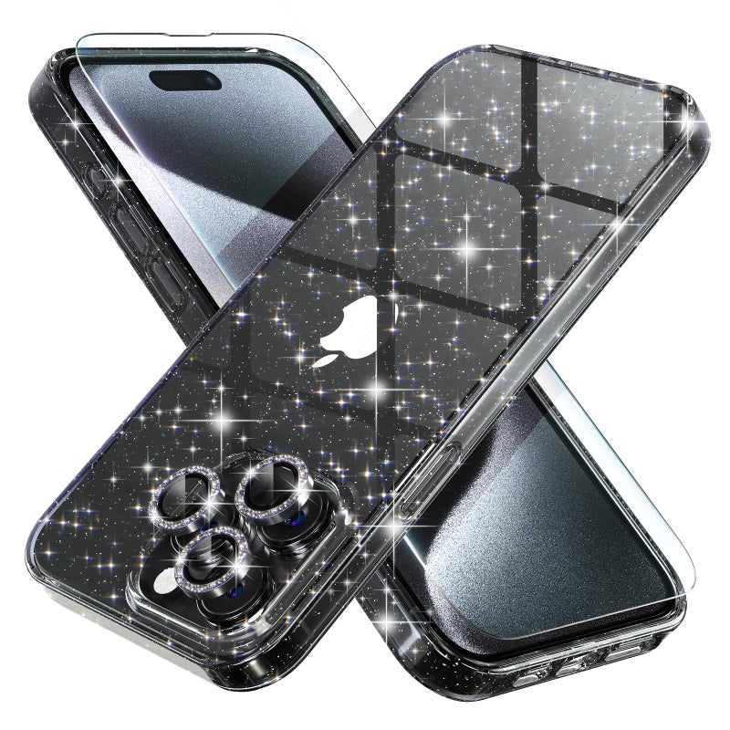 Choiche Compatible for iPhone 15 Pro Max Case Women Phone Case, Cute Bling Sparkly, Military Grade Protection, 3 Diamond Camera Lens Covers, 2 Tempered Glass Protectors, 6.7 inch (Glitter Black) - Image 1