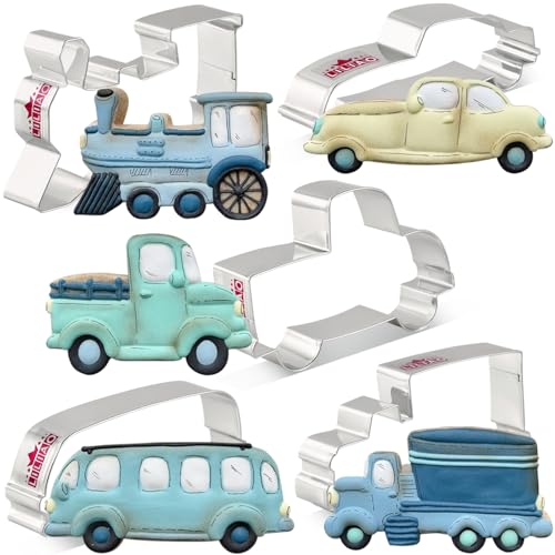 LILIAO Transportation Cookie Cutter Set - 5 Piece - Train, Truck, Pick-up Truck, Beat-up Car and Bus Fondant Cutters - Stainless Steel - Image 1