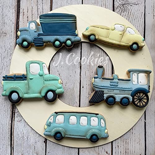 LILIAO Transportation Cookie Cutter Set - 5 Piece - Train, Truck, Pick-up Truck, Beat-up Car and Bus Fondant Cutters - Stainless Steel - Image 2