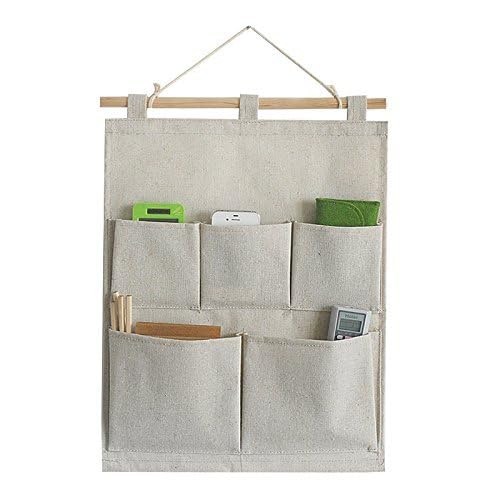 Co-link Linen/Cotton Fabric 5 Pockets Wall Door Closet Hanging Storage Bag Organizer,13.8" Wx 17.7" H (5 Pockets-Beige White) - Image 2