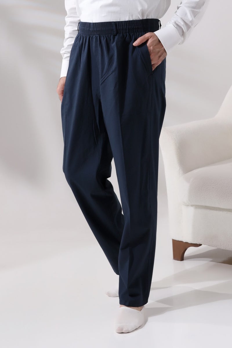İhvan Online Men's Navy Blue Relaxed Cut Elastic Waist Linen Hajj and Umrah Shalwar Trousers  - Image 1