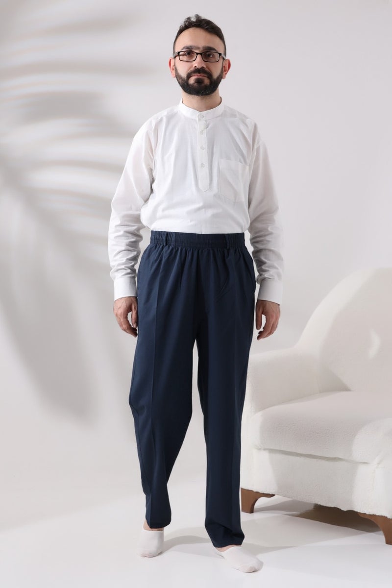 İhvan Online Men's Navy Blue Relaxed Cut Elastic Waist Linen Hajj and Umrah Shalwar Trousers  - Image 2