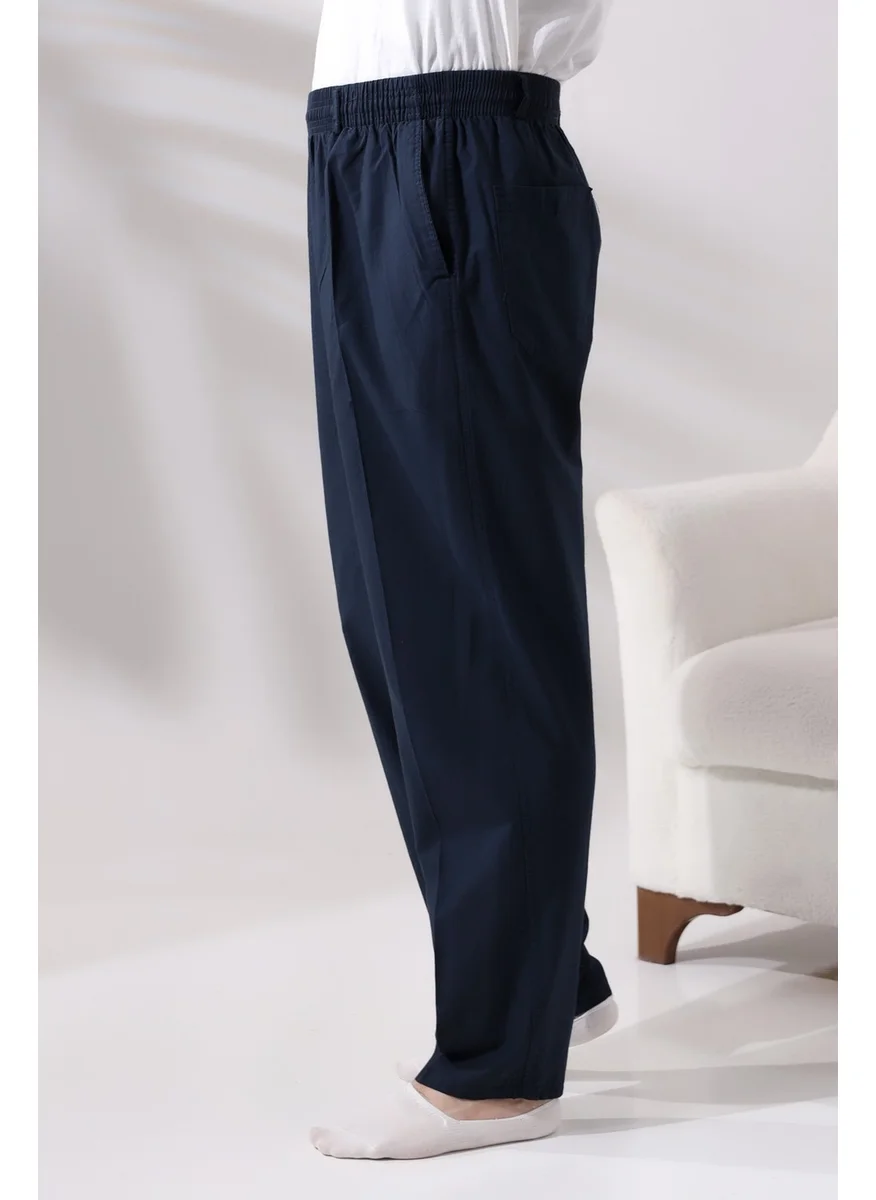 İhvan Online Men's Navy Blue Relaxed Cut Elastic Waist Linen Hajj and Umrah Shalwar Trousers
