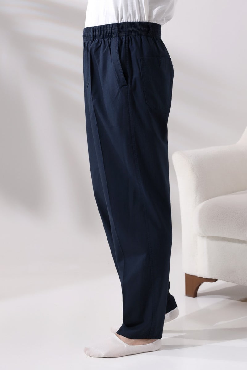 İhvan Online Men's Navy Blue Relaxed Cut Elastic Waist Linen Hajj and Umrah Shalwar Trousers  - Image 3