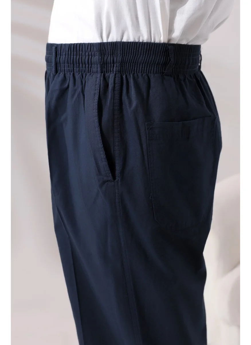 İhvan Online Men's Navy Blue Relaxed Cut Elastic Waist Linen Hajj and Umrah Shalwar Trousers