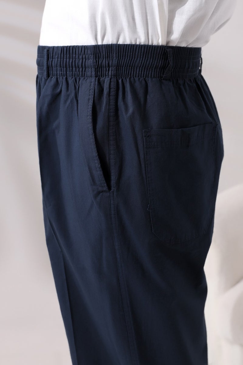 İhvan Online Men's Navy Blue Relaxed Cut Elastic Waist Linen Hajj and Umrah Shalwar Trousers  - Image 4