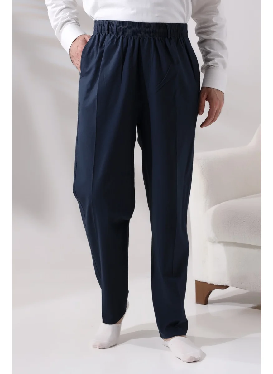 İhvan Online Men's Navy Blue Relaxed Cut Elastic Waist Linen Hajj and Umrah Shalwar Trousers