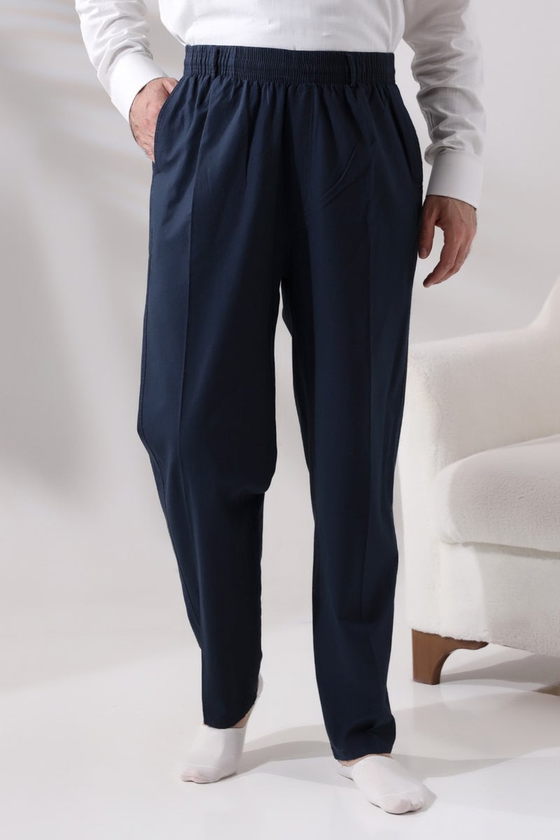 İhvan Online Men's Navy Blue Relaxed Cut Elastic Waist Linen Hajj and Umrah Shalwar Trousers  - Image 5