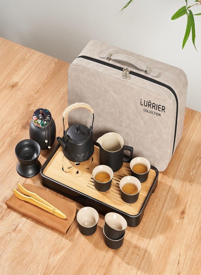 LURRIER طقم شاي لورييه غونغ فو، طقم شاي سيراميك محمول، أطقم شاي آسيوية للبالغين، أطقم هدايا شاي، حقيبة جلدية رمادية، حقيبة سفر محمولة، للمنزل، كهدية، للاستخدام الخارجي والمكتب (أسود) - Image 4