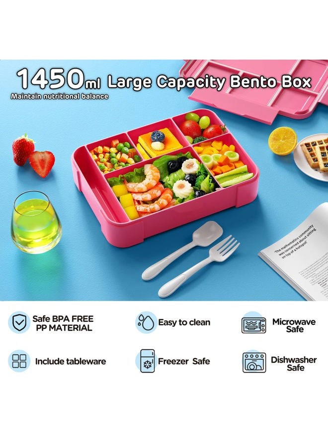 Jelife Kids Bento Box Lunch Box - 1450ml Leakproof 6 Compartments Bento Lunchbox Kids Lunch Boxes with Food Utensils for Back to School, Book-Style Lunch Snack Containers for Toddler Daycare, Pink - Image 2