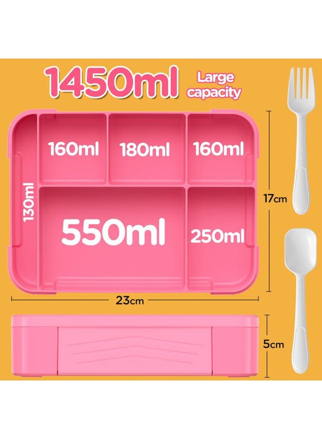 Jelife Kids Bento Box Lunch Box - 1450ml Leakproof 6 Compartments Bento Lunchbox Kids Lunch Boxes with Food Utensils for Back to School, Book-Style Lunch Snack Containers for Toddler Daycare, Pink - Image 5