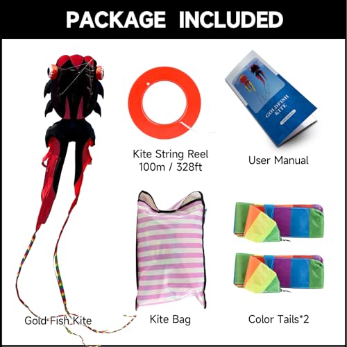 Catch&Hunt 43ft Large Kites for Adults,3D Goldfish Frameless Soft Umbrella Giant Flying Kites,Easy to Fly with 330Ft Kite String in Beach and Amusement Parks-Ages 12+ (Black red) - Image 4