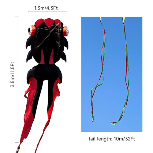 Catch&Hunt 43ft Large Kites for Adults,3D Goldfish Frameless Soft Umbrella Giant Flying Kites,Easy to Fly with 330Ft Kite String in Beach and Amusement Parks-Ages 12+ (Black red) - Image 3