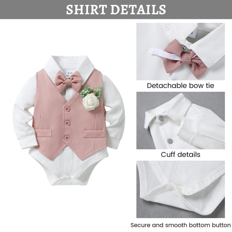 SANMIO Baby Boy Clothes Suits Infant Gentleman Outfit Collared Dress Shirt+Vest+Tie+Corsage+Pants 5Pcs Baby Suit Sets Pink - Image 3