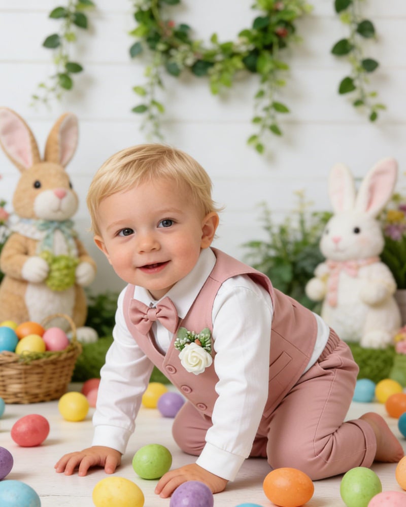 SANMIO Baby Boy Clothes Suits Infant Gentleman Outfit Collared Dress Shirt+Vest+Tie+Corsage+Pants 5Pcs Baby Suit Sets Pink - Image 2