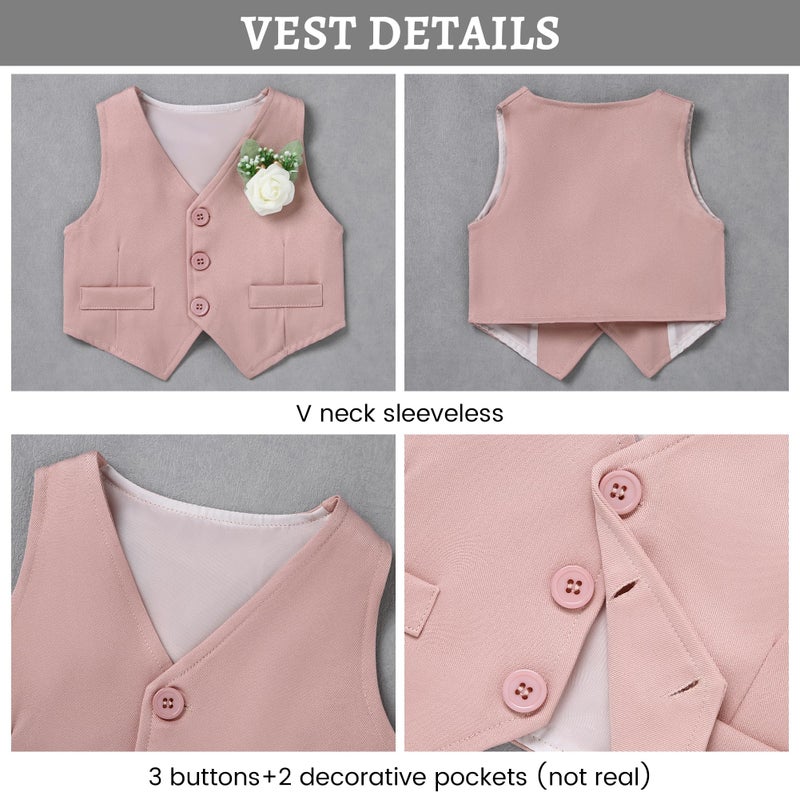 SANMIO Baby Boy Clothes Suits Infant Gentleman Outfit Collared Dress Shirt+Vest+Tie+Corsage+Pants 5Pcs Baby Suit Sets Pink - Image 5