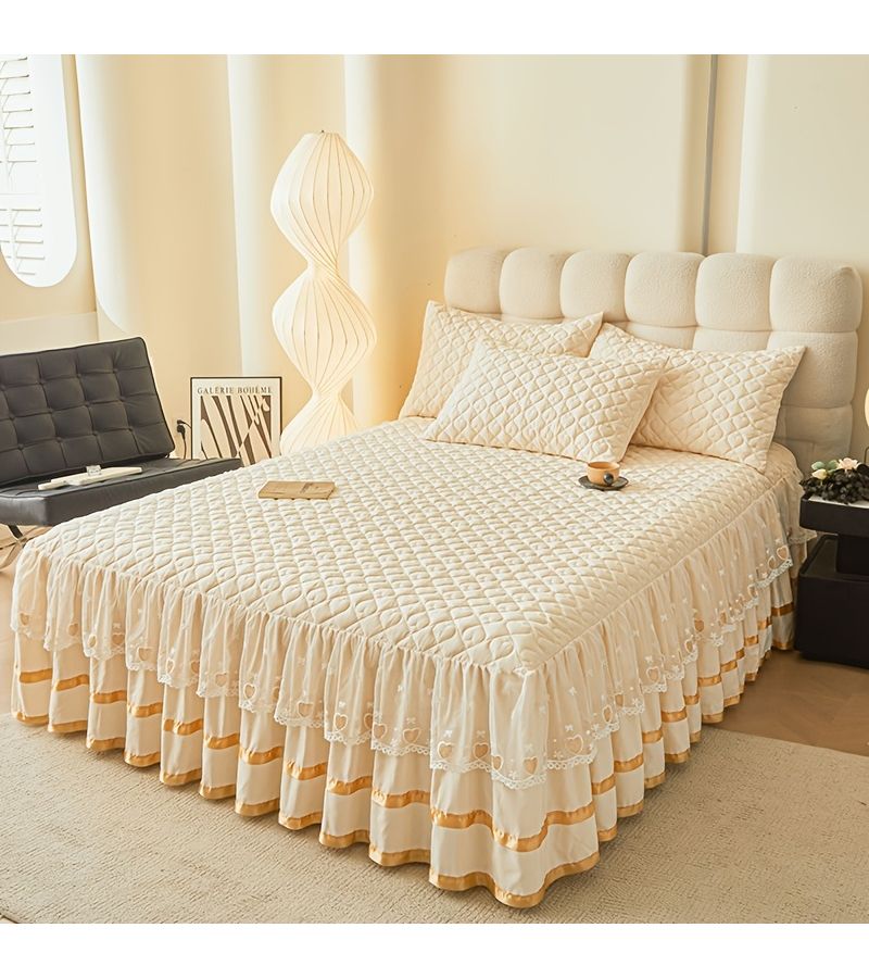 3pcs Premium Luxury Bed Skirt Set Quilted Padded Lace Trim Pink Queen Size Bed Skirt With 2 Pillowcases Skin Friendly Soft Breathable Comfortable Thickened Warm Winter Bedding Non Slip Mattress Protector - Image 1