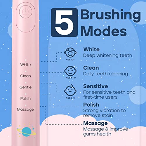 SEAGO Kids Electric Toothbrush, Sonic Soft Bristle Rechargeable Toothbrushes with DIY Stickers, 5 Modes, Includes 4 Replacement Brush Heads, Ages 3 to 12 Years Old (Pink) - Image 4