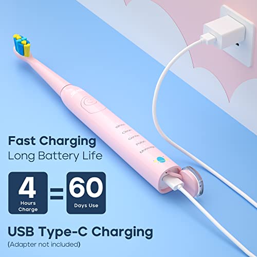 SEAGO Kids Electric Toothbrush, Sonic Soft Bristle Rechargeable Toothbrushes with DIY Stickers, 5 Modes, Includes 4 Replacement Brush Heads, Ages 3 to 12 Years Old (Pink) - Image 5