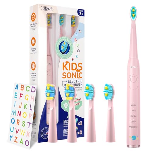 SEAGO Kids Electric Toothbrush, Sonic Soft Bristle Rechargeable Toothbrushes with DIY Stickers, 5 Modes, Includes 4 Replacement Brush Heads, Ages 3 to 12 Years Old (Pink) - Image 1