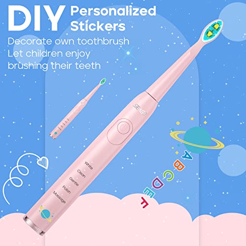 SEAGO Kids Electric Toothbrush, Sonic Soft Bristle Rechargeable Toothbrushes with DIY Stickers, 5 Modes, Includes 4 Replacement Brush Heads, Ages 3 to 12 Years Old (Pink) - Image 2