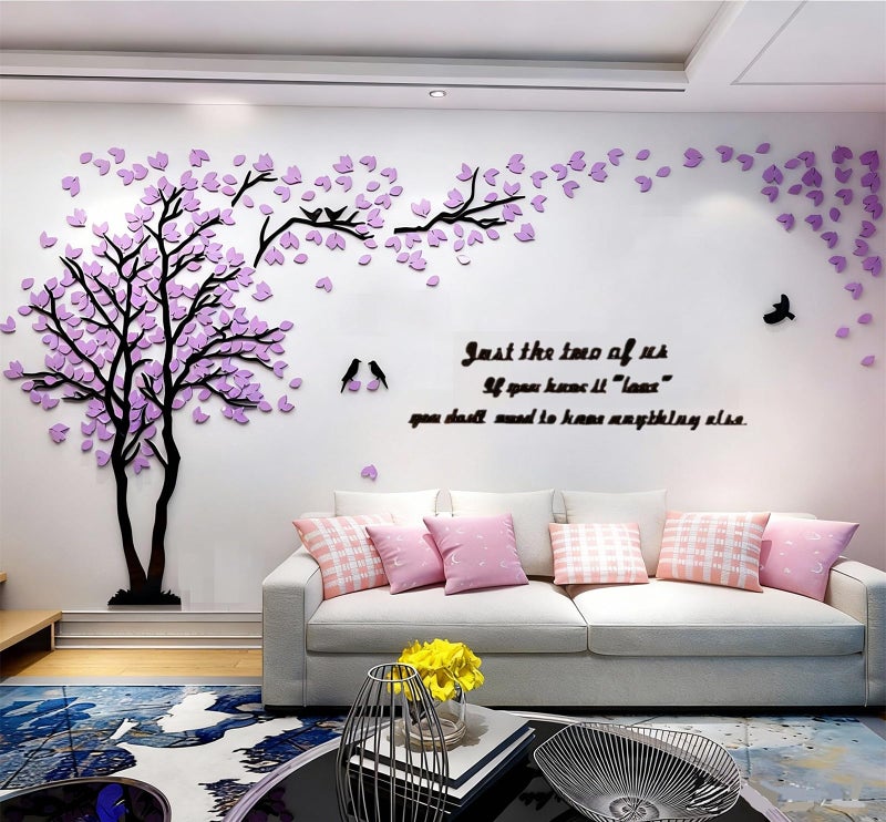 guangmu Family Tree Wall Decor Decals - DIY 3D Tree of Life Wall Art Large Decal Stickers Silver Decor Living Room Mural for Bedroom Hallway Home TV Background (Purple Left,M-98X51in) - Image 2