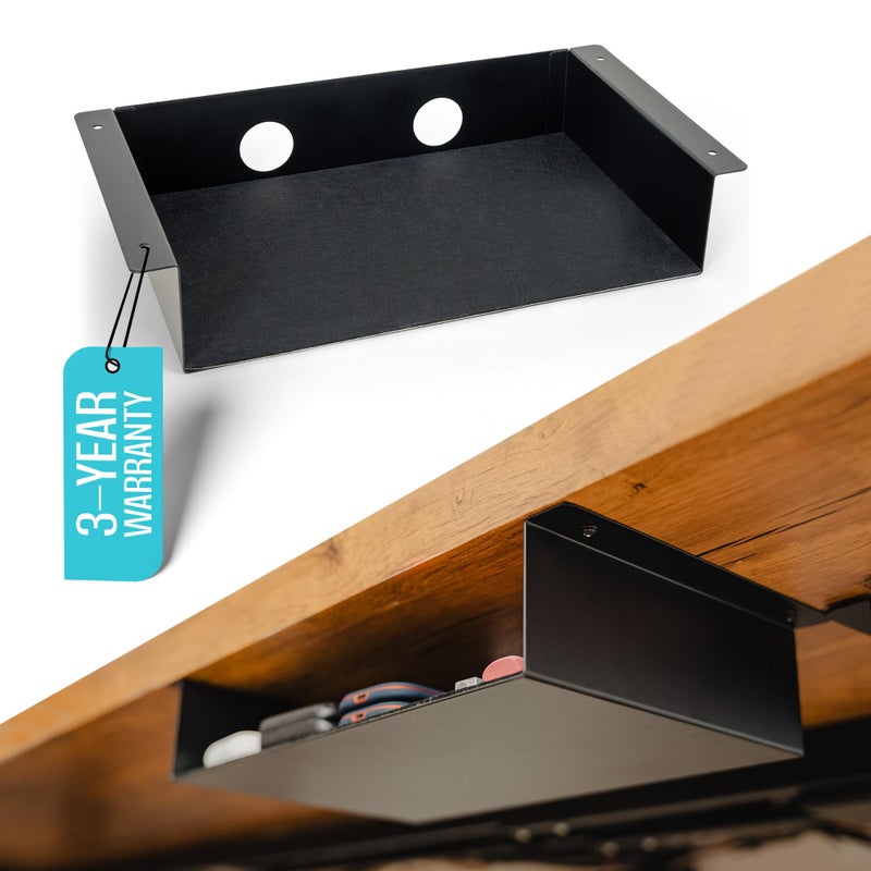 COREMINDED Under Desk Storage Shelf - Carbon Steel Under Desk Tray with Cable Management, Mountable Add-On Shelf for Table & Office Desks (13" x 8" x 2.8") - Image 1