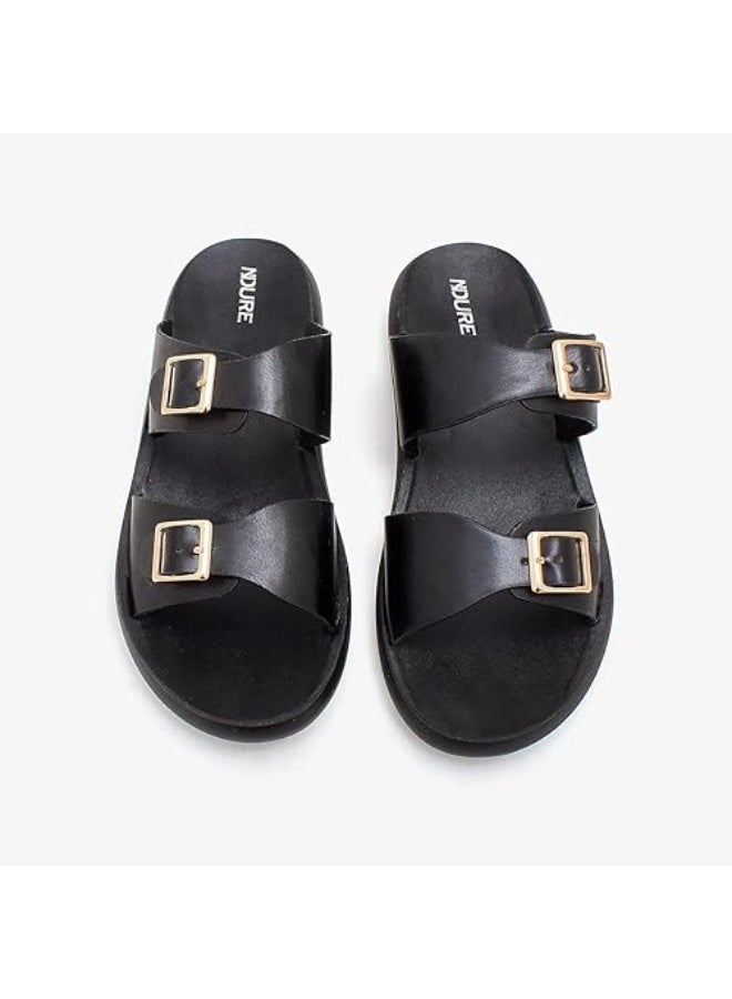 NDURE Women's Black Double Buckle Slide Sandals - Image 4
