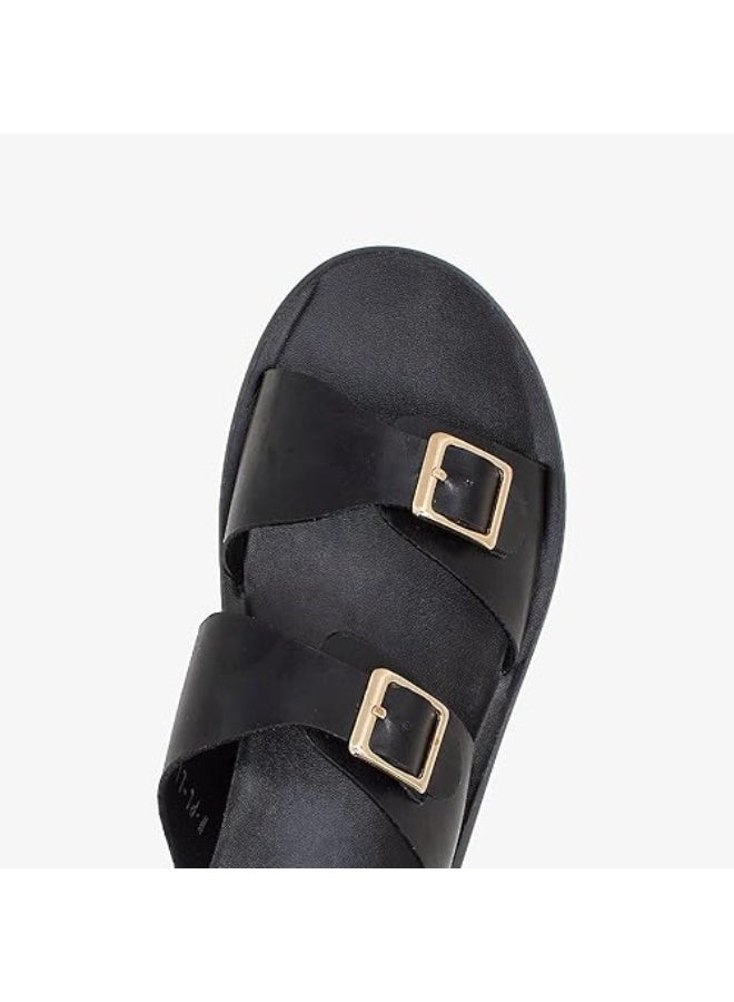 NDURE Women's Black Double Buckle Slide Sandals - Image 2