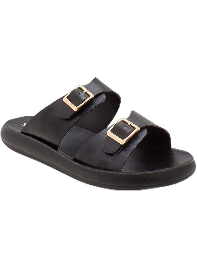 NDURE Women's Black Double Buckle Slide Sandals - Image 1