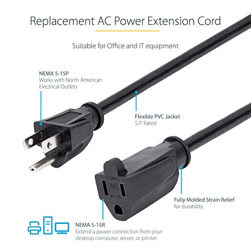 StarTech.com 10 Ft Power Cord with 125 Volts at 13 Amps - 16 AWG Power Extension Cable Cord - NEMA 5-15R to NEMA 5-15P (PAC10110) - Image 4