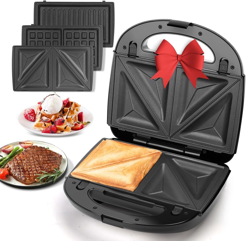 Aigostar Sandwich Maker Panini Press Grill, 3 in 1 Waffle Maker with Removable Non-stick Plates, Electric Grilled Cheese Maker, Portable Cool Touch Handle, Led Indicator Lights & Easy to Clean, 750W - Image 1