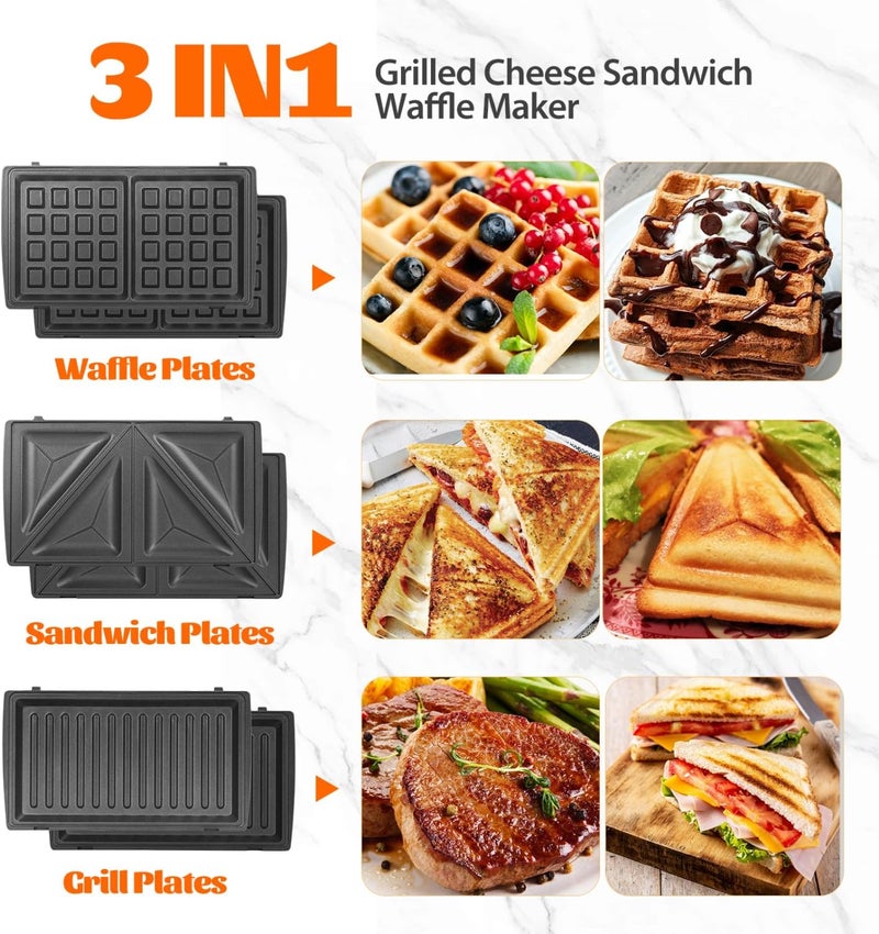 Aigostar Sandwich Maker Panini Press Grill, 3 in 1 Waffle Maker with Removable Non-stick Plates, Electric Grilled Cheese Maker, Portable Cool Touch Handle, Led Indicator Lights & Easy to Clean, 750W - Image 2