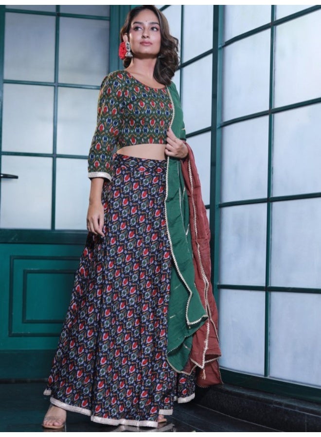 AKS Olive & Black Patola Print Lehenga Choli  - Image 3