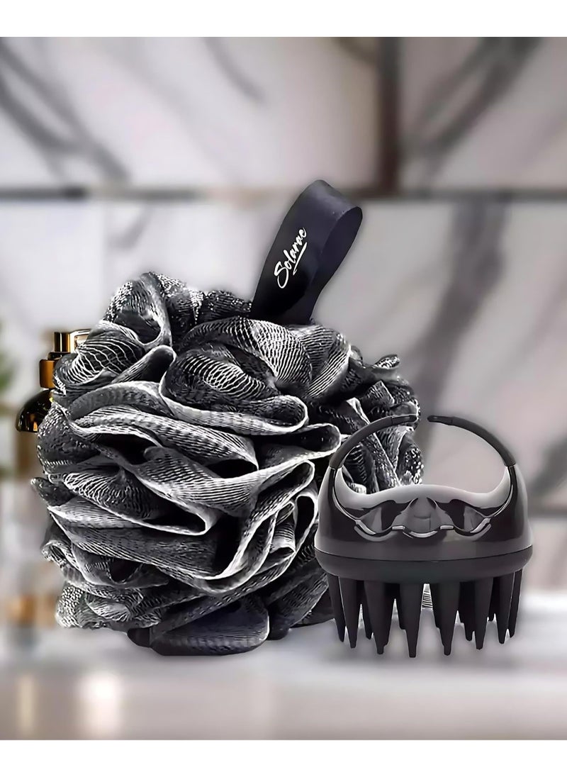 Charcoal Infused Scalp Brush soft Silicone Bristles and Bath Loofah Sponge Scrubber Exfoliator,  Body & Scalp Washing Scrubber for all Hair Types (BLACK)