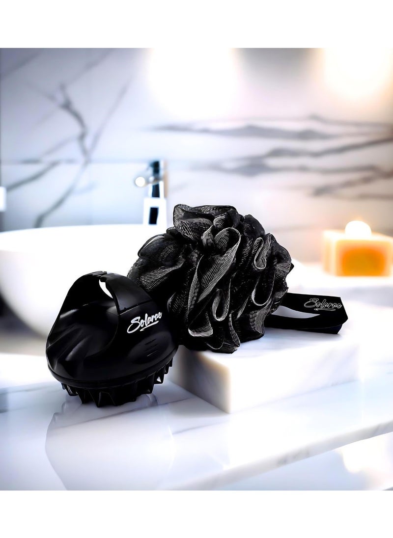 Charcoal Infused Scalp Brush soft Silicone Bristles and Bath Loofah Sponge Scrubber Exfoliator,  Body & Scalp Washing Scrubber for all Hair Types (BLACK)