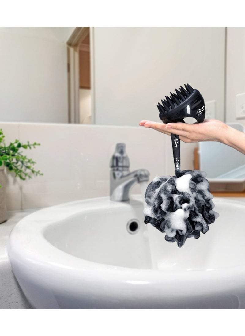 Charcoal Infused Scalp Brush soft Silicone Bristles and Bath Loofah Sponge Scrubber Exfoliator,  Body & Scalp Washing Scrubber for all Hair Types (BLACK)