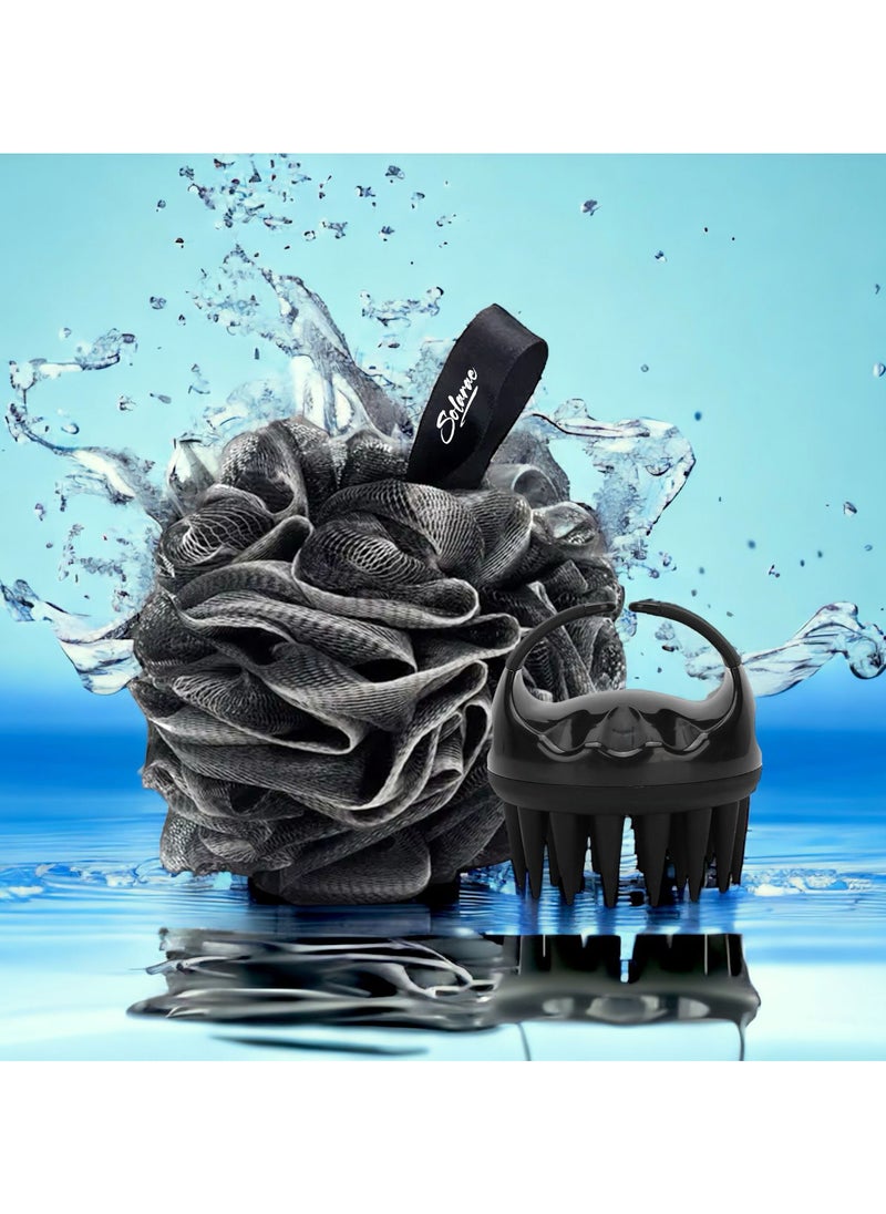 Charcoal Infused Scalp Brush soft Silicone Bristles and Bath Loofah Sponge Scrubber Exfoliator,  Body & Scalp Washing Scrubber for all Hair Types (BLACK)