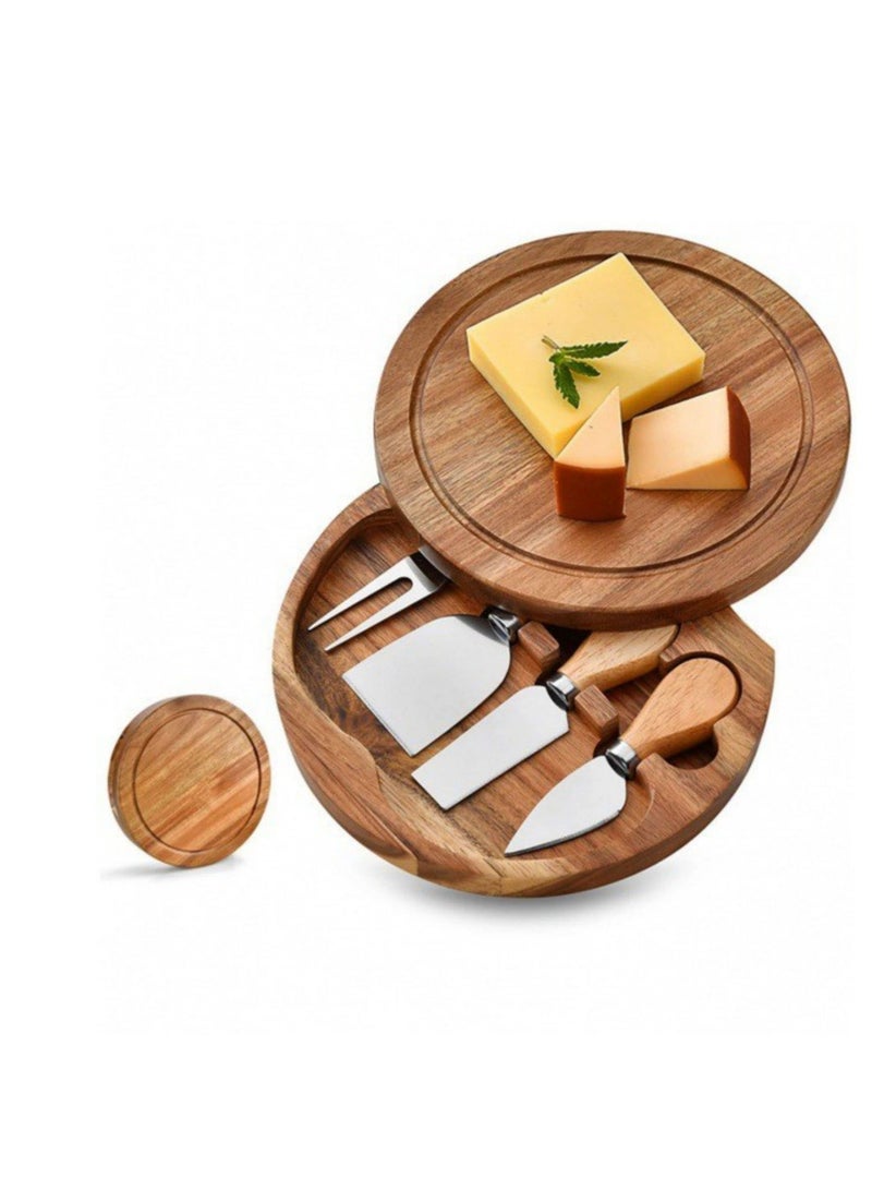 Acacia wood round cheese board set, dinner plate fruit knife box all in one, suitable for picnic party - Image 1