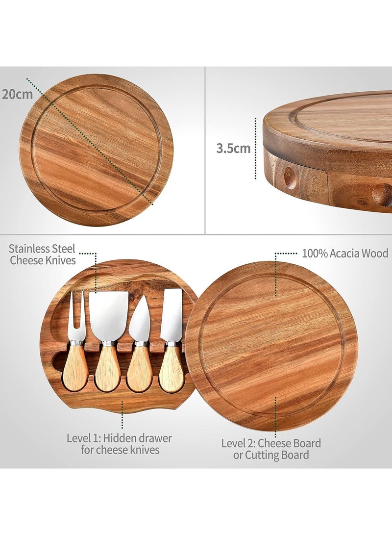 Acacia wood round cheese board set, dinner plate fruit knife box all in one, suitable for picnic party - Image 2