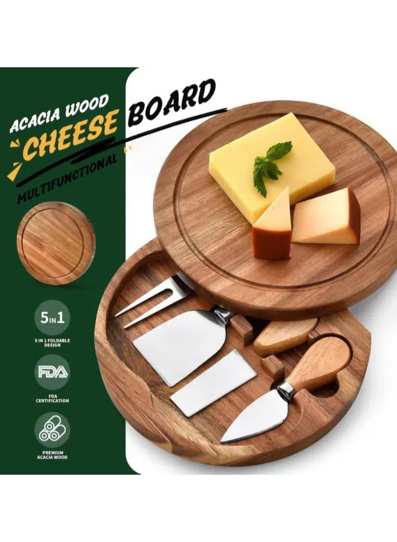 Acacia wood round cheese board set, dinner plate fruit knife box all in one, suitable for picnic party - Image 3