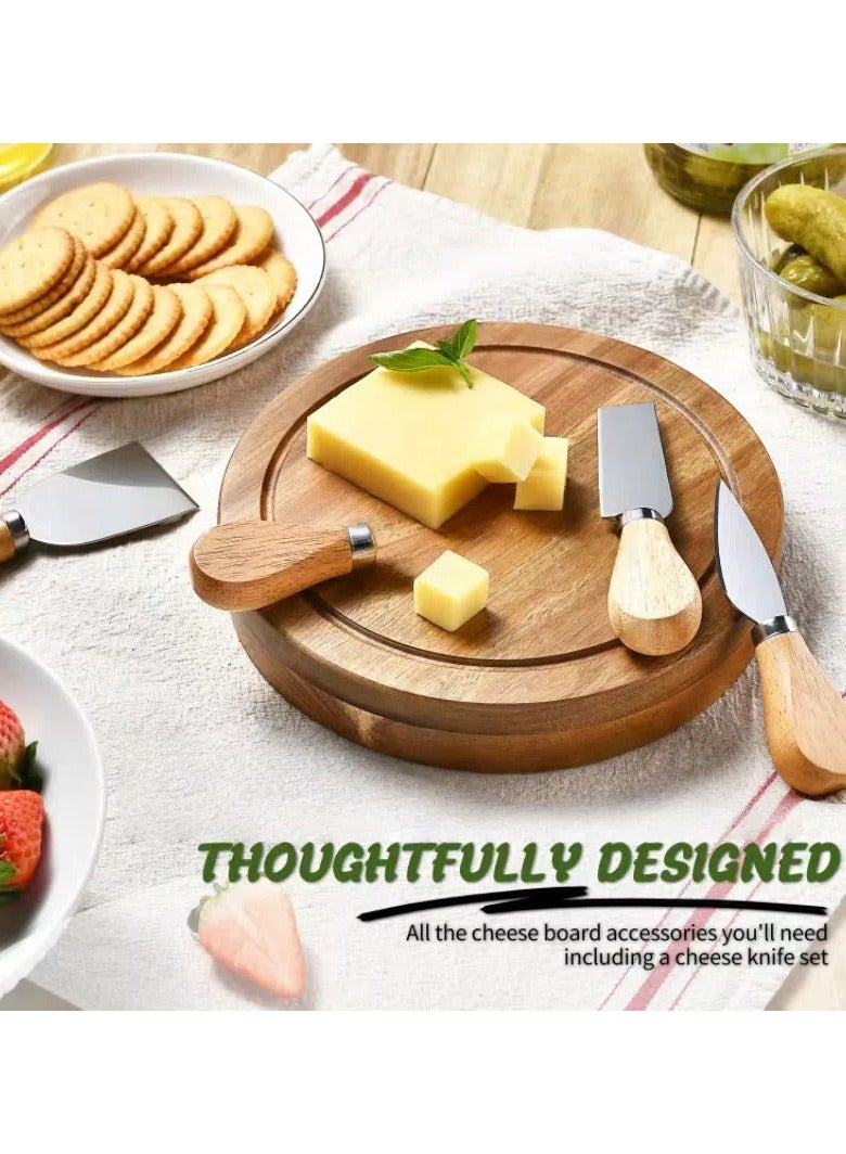 Acacia wood round cheese board set, dinner plate fruit knife box all in one, suitable for picnic party - Image 4