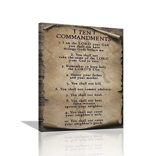 SweetFox 10 Commandments Wall Art Vintage Ten Commandments Wall Decor God Bible Verses Inspirational Quotes Canvas Painting Print Artworks Rustic Christian Decor Framed for Living Room Bedroom Office 12"x16" - Image 1