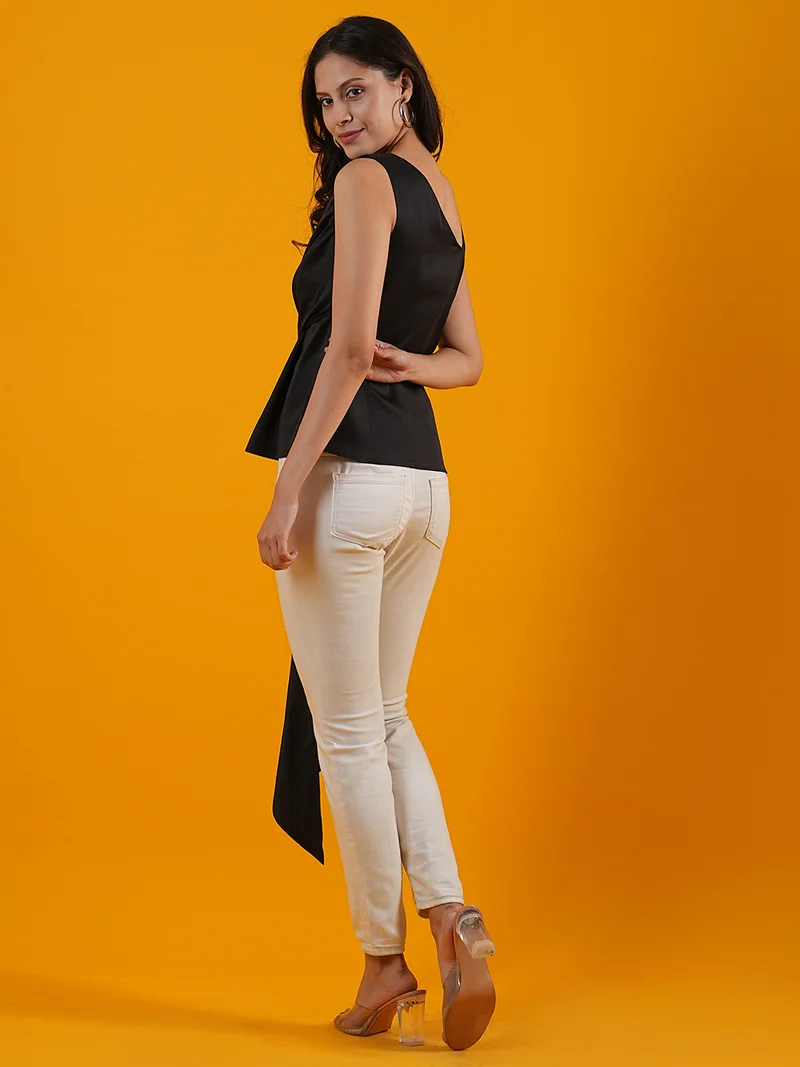 globus Women Black One Shoulder Tie-Ups Detailed Casual Top