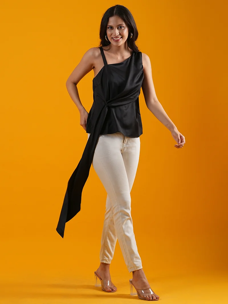 globus Globus Women Black One Shoulder Tie-Ups Detailed Casual Top