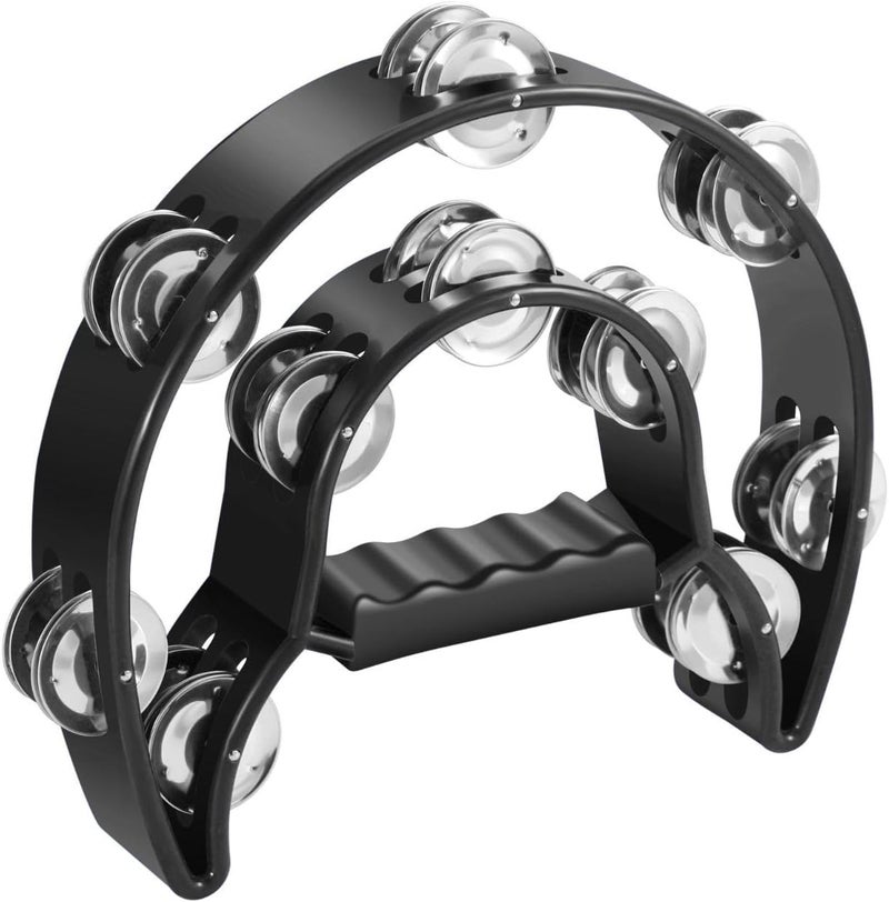 Flexzion Tambourine Metal Half Moon Musical Instruments Double Row Metal Jingles Hand Held Instruments Percussion with Ergonomic Handle Grip, Tambourines for Adults Church, Black - Image 1