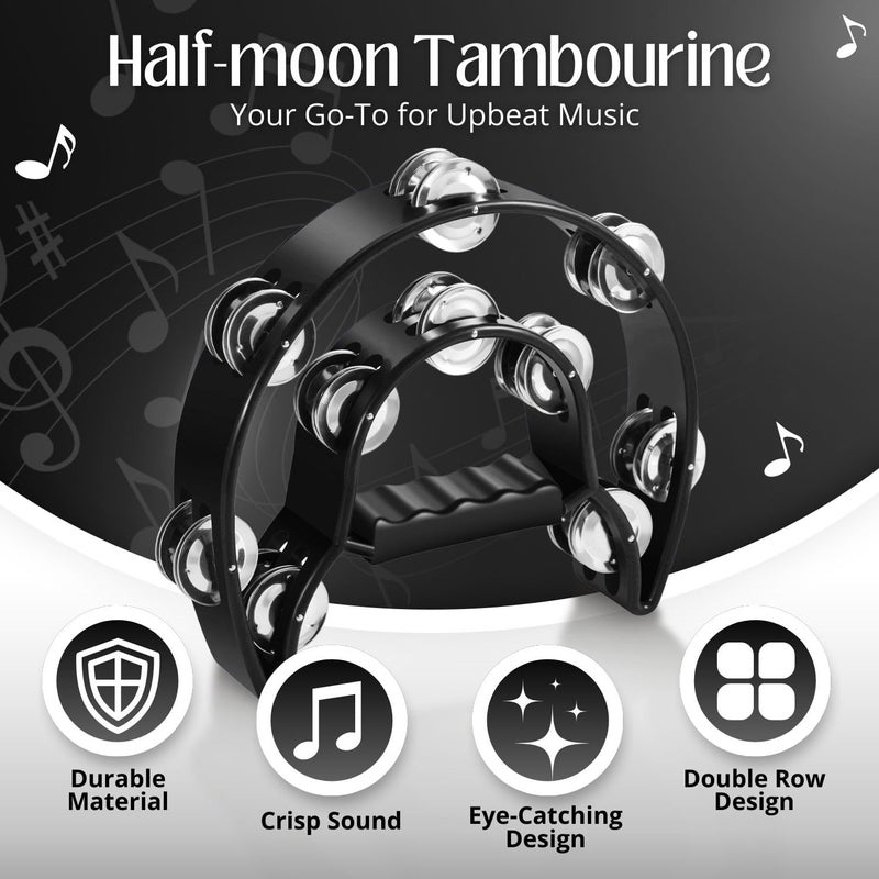 Flexzion Tambourine Metal Half Moon Musical Instruments Double Row Metal Jingles Hand Held Instruments Percussion with Ergonomic Handle Grip, Tambourines for Adults Church, Black - Image 2