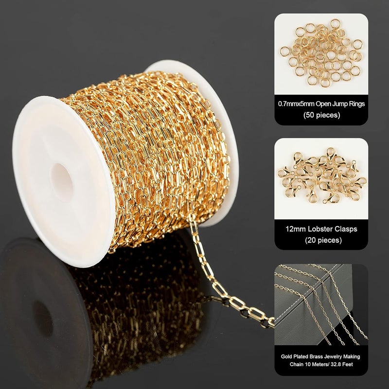 YOUBEIYEE 32.8 Feet 18K Gold Plated Jewelry Chain Paperclip Necklace Chains Bulk for Women Bracelet DIY Craft Chain Roll Jewelry Supplies Findings - Image 2