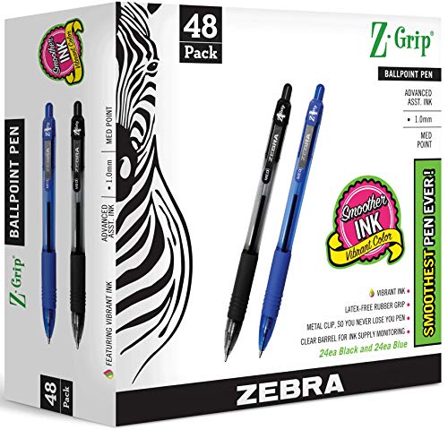 Zebra Pen ZGrip Retractable Ballpoint Pens Medium Point 10 mm 24 Black Pens 24 Blue Pens Combo Bulk Pack 48 Pack - Image 1